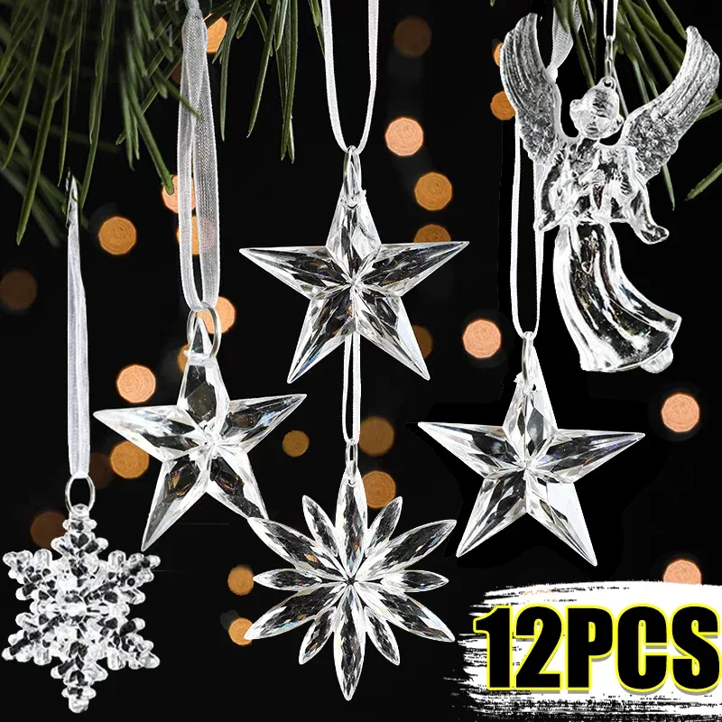 Crystal Christmas Tree Ornaments Snowflake Pentagram Angel Elk Reindeer Threaded Ice Items Shape Home Xmas Party Hanging Decor