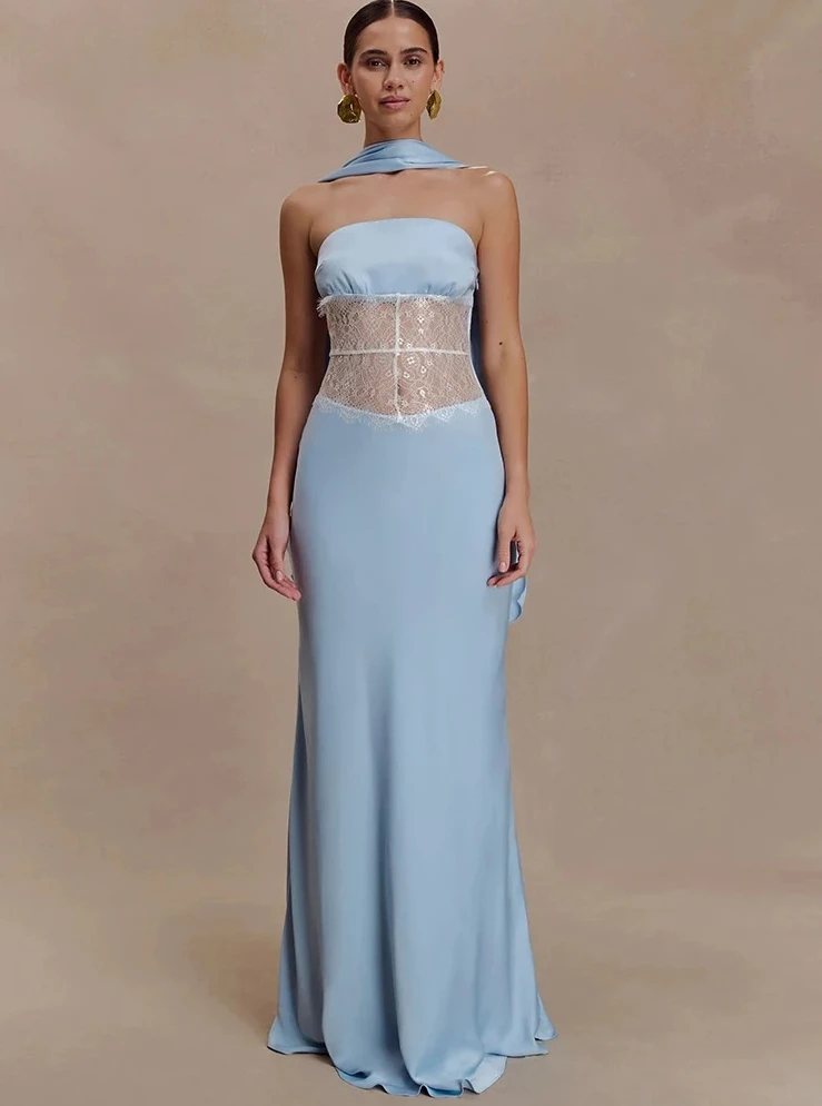 

Женское платье макси с шарфом и воротником, кружевное прозрачное сексуальное платье с открытыми плечами, элегантное облегающее клубное платье без бретелек с открытой спиной