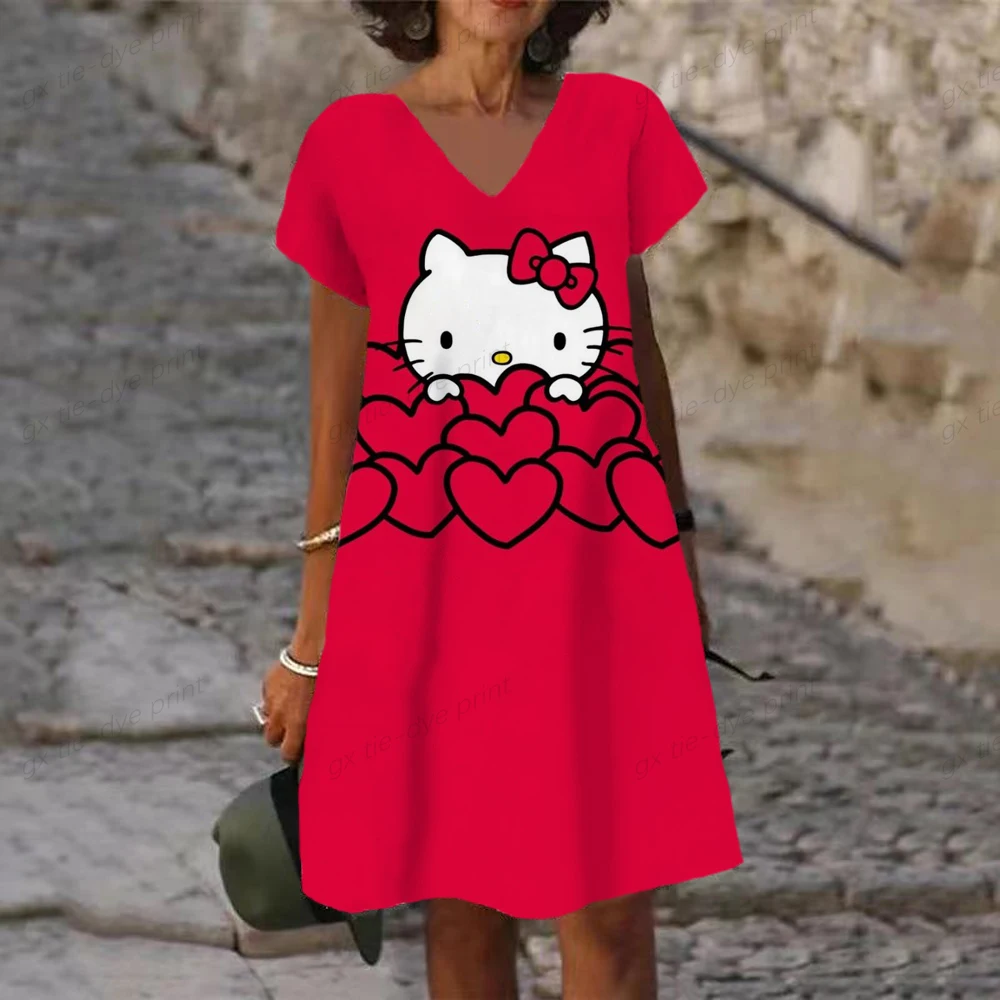 

Hello Kitty print V-neck women's shirt 2024 summer dress new Korean style dress women's elegant and luxurious Hello Kitty casual