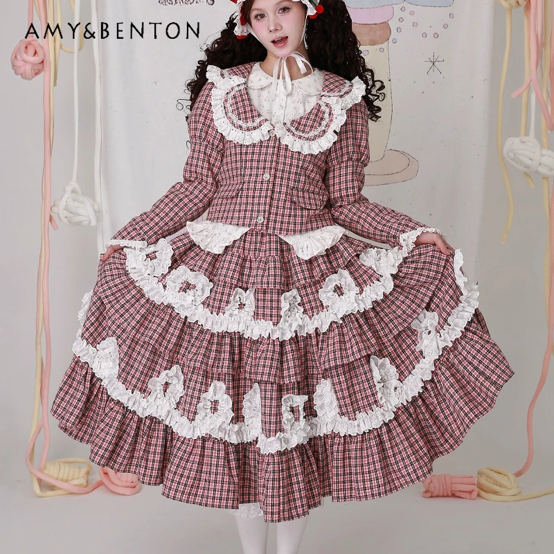 

Осень 2022, новый дизайн, розовая клетчатая кружевная женская юбка-тортик, японская ретро, милая Лолита, милая девушка, полудлинные юбки, женские