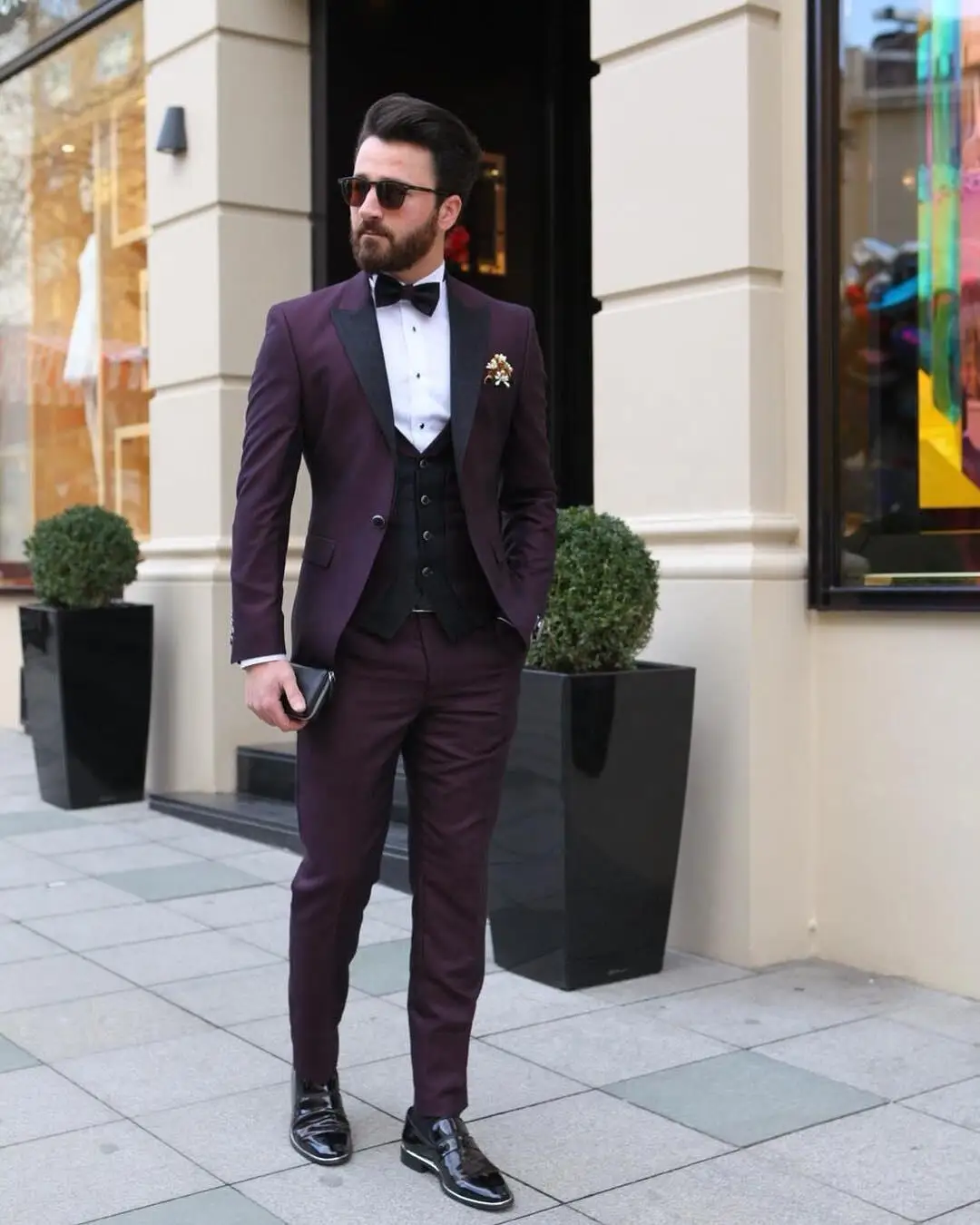 3 Piece  Dark Purple Men Suits Slim Fit Single Breasted One Button Peak Lapel Groom Tuxedos Bussiness/Wedding Jacket Vest Pants