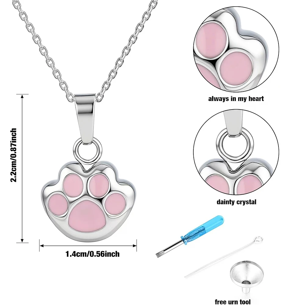 Pink Pet Paw Print Urn Necklace for Ashes - Stainless Steel Memorial Cremation Jewelry for Dog/Cat, Christmas/Mother's Day/Thank