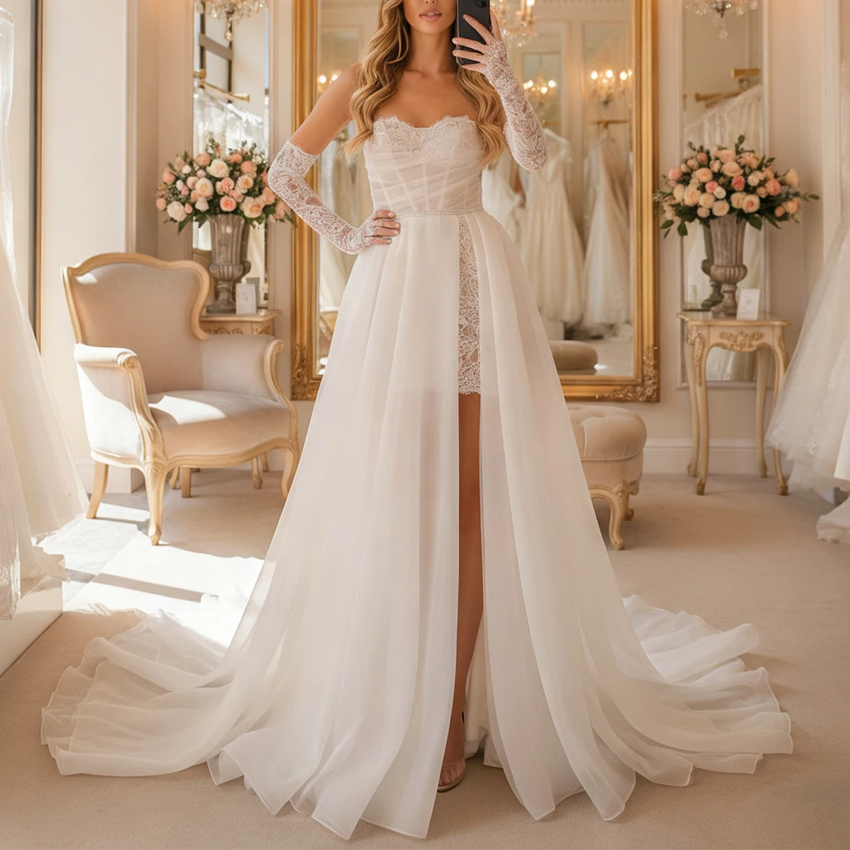 

Romantic Lace Sweetheart Ball Gown Wedding Dresses With Slit Detachable Vestidos Novia Train Puffy Long A line Bridal PartyGown