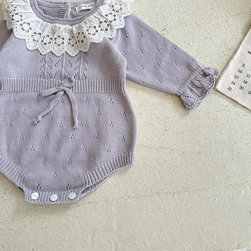 

2025 New Autumn 0-24M Toddler Baby Knitted Jumpsuit Long Sleeved Knitted Lace Splicing Newborn Baby Girls Knitted Bodysuits