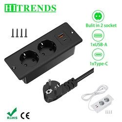 EU Table Recessed Sockets Bulit in Sockets with USB Type C PD20W Power Strip Desk Hidden Power Outlet 2m Extension Cord Home