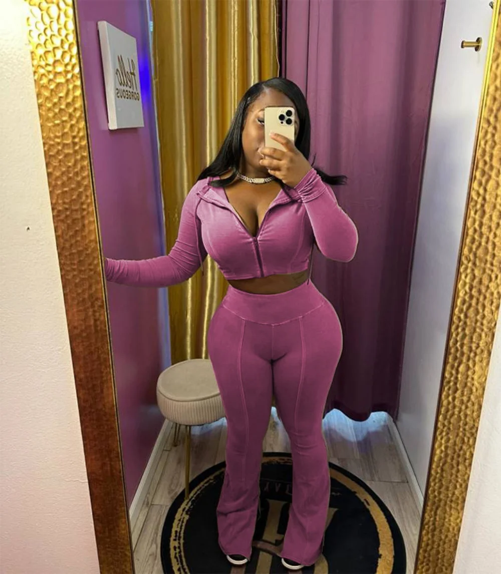 Women'S Set Autumn Winter Fashion Long Sleeve Hooded Jacket And Flare Pants Matching Sets Casual Two Piece Set Jogger Tracksuit