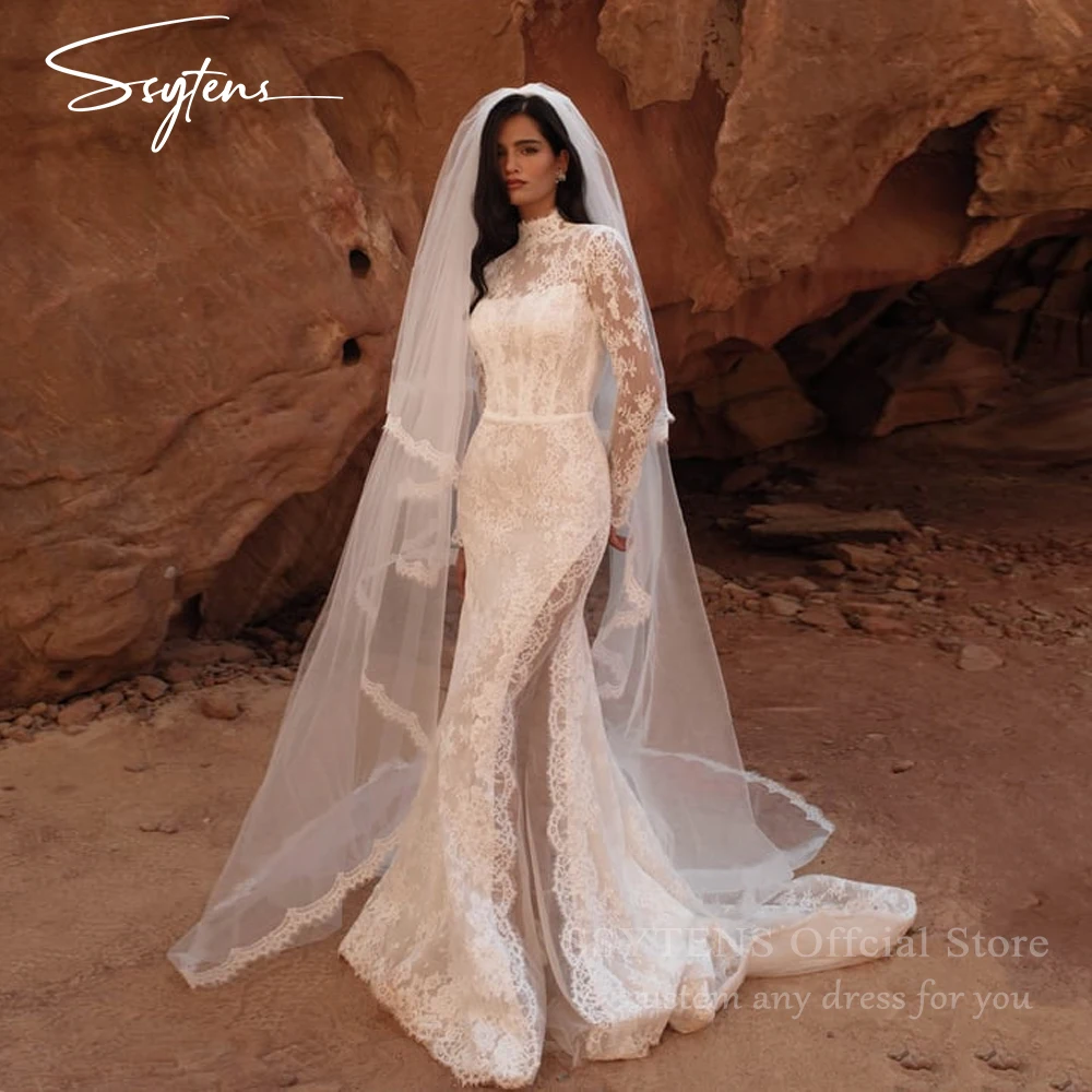 SSYTENS Illusion Mermaid Lace Wedding Dresses Long Sleeved High Neck Delicate Dreamy Customized Bridal Gowns vestidos de novia