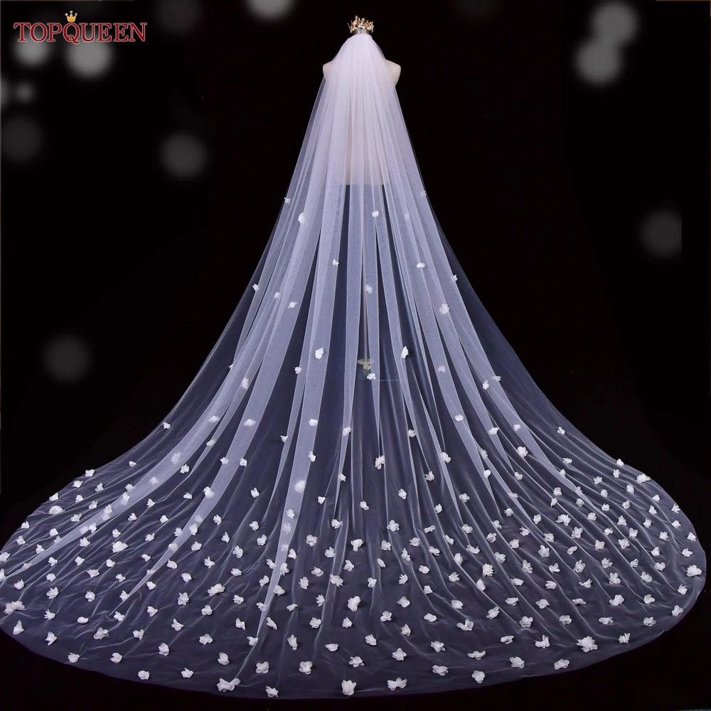 TOPQUEEN V20 Romantic 3D Flower Bridal Veil Soft Nylon Tulle 3M Long Cathedral Length Wedding Accessories Metal Hair Comb