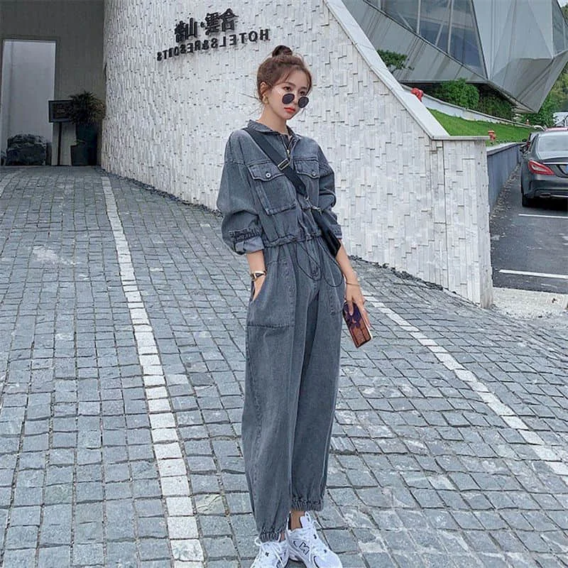 Denim Jumpsuits for Women Long Sleeved Korean Style Harajuku Overalls One Piece Outfit Women Rompers Casual Vintage Playsuits