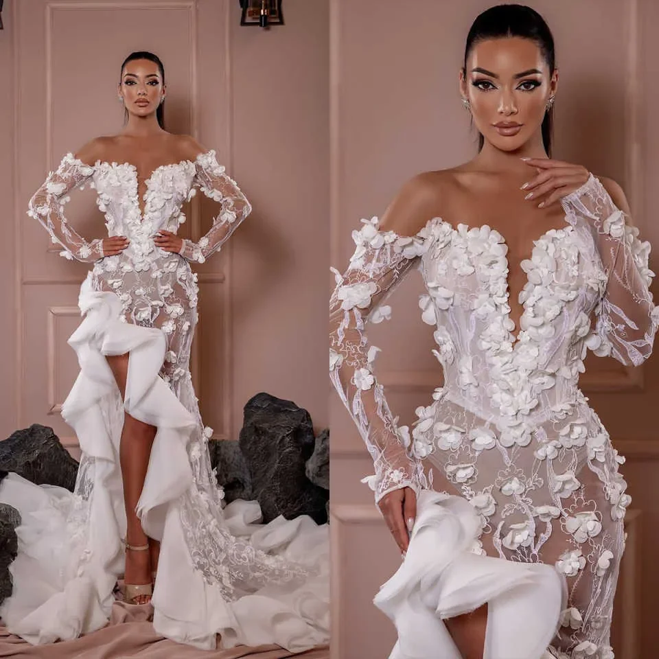 Maßgeschneidertes elegantes weißes Meerjungfrau-Hochzeitskleid mit 3D-Blumenmuster für Damen mit V-Ausschnitt und freiliegenden Beinen, sexy Brautkleid, Vestido De Novia