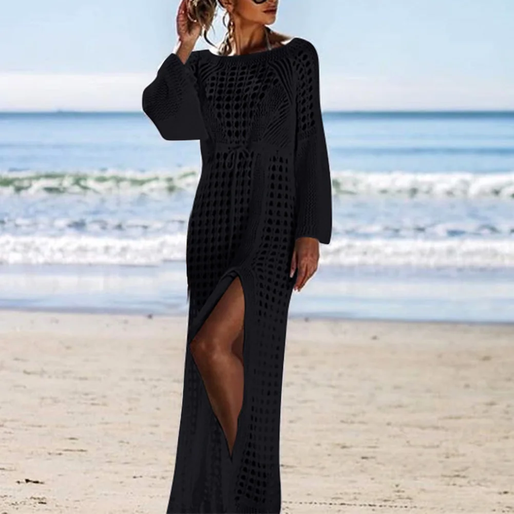 Crochet Bikinis Cover Ups Summer Women Knitted Long Sleeve High Split Bikini Cover Up Maxi Dress Sexy Hollow Tunic Beach Dresses