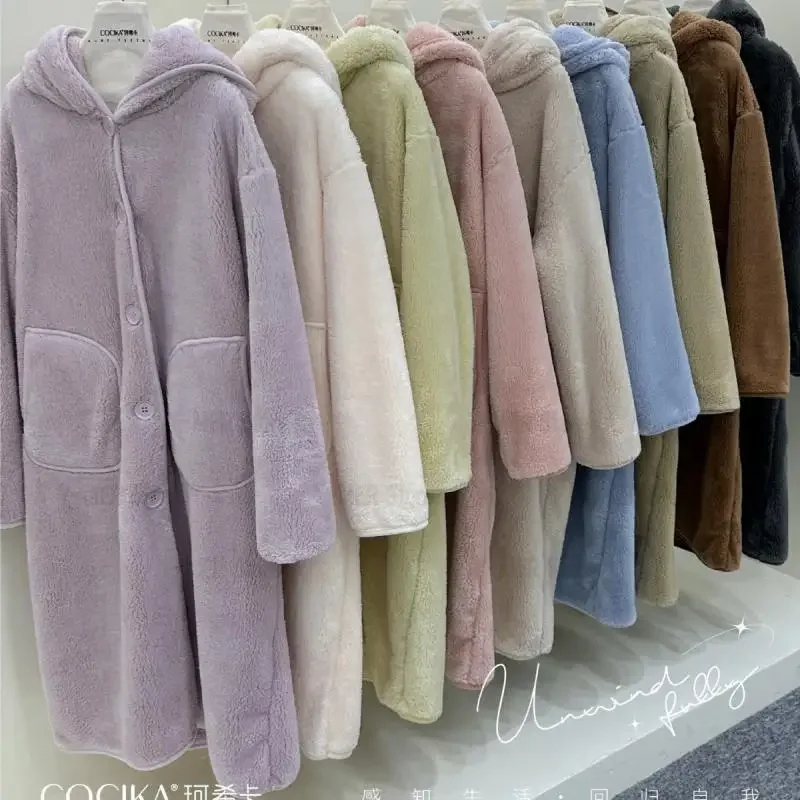 Women Nightgown Long Loose Sleepwear Winter Thicken Flannel Kimono Warm Home Clothes Hooded Nightdress Coral Fleece Loungewear