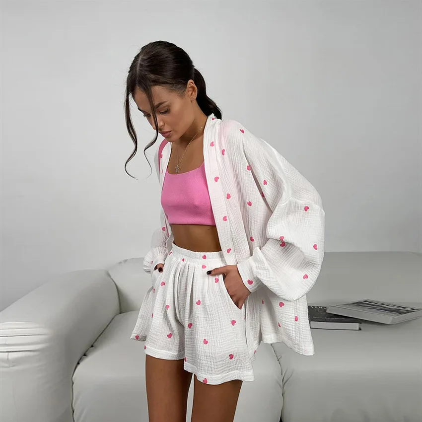 Printed Cotton Sleepwear Pyjamas Women Long Sleeve Tops Shorts Pajama Sets Strap Casual Beach Loungewear Loose Women Clothing