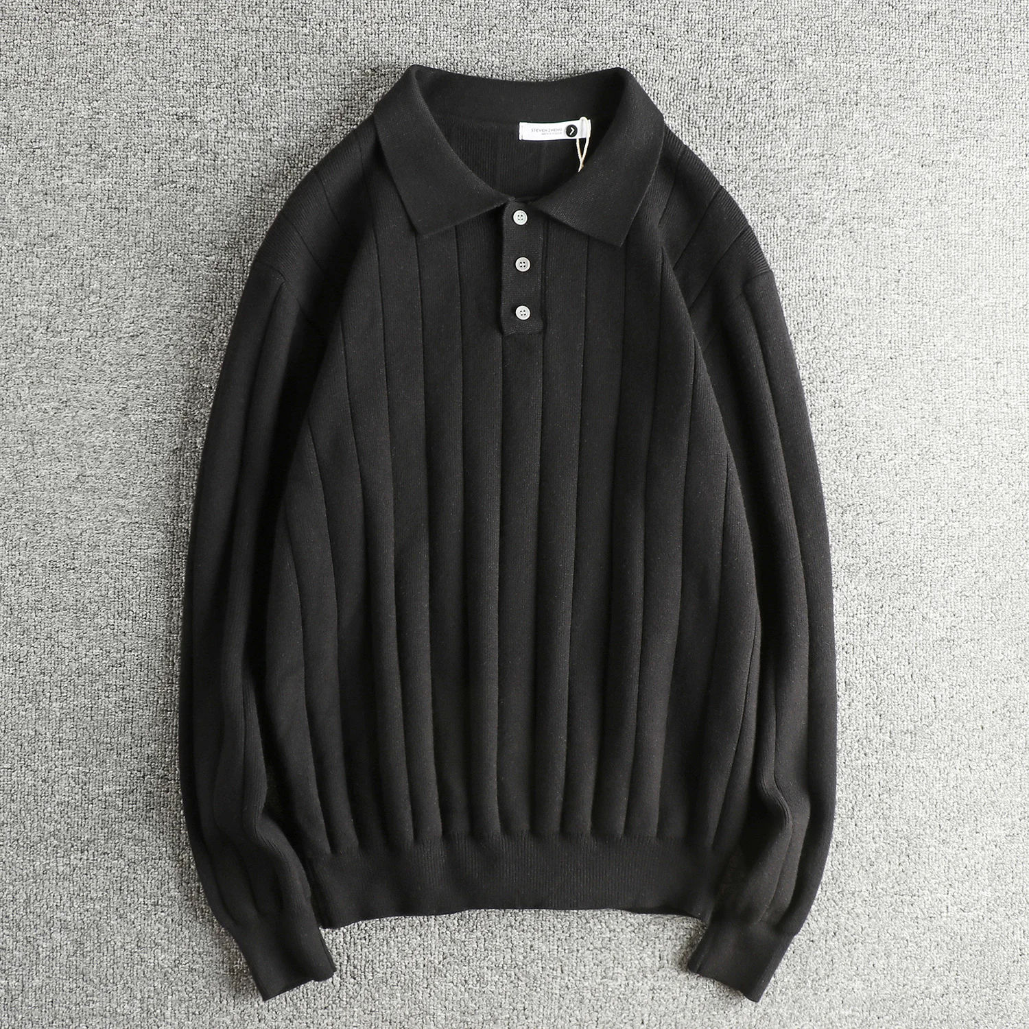 Solid color vertical striped knitted fabric men's polo shirt 2025 autumn and winter trendy youth long-sleeved top