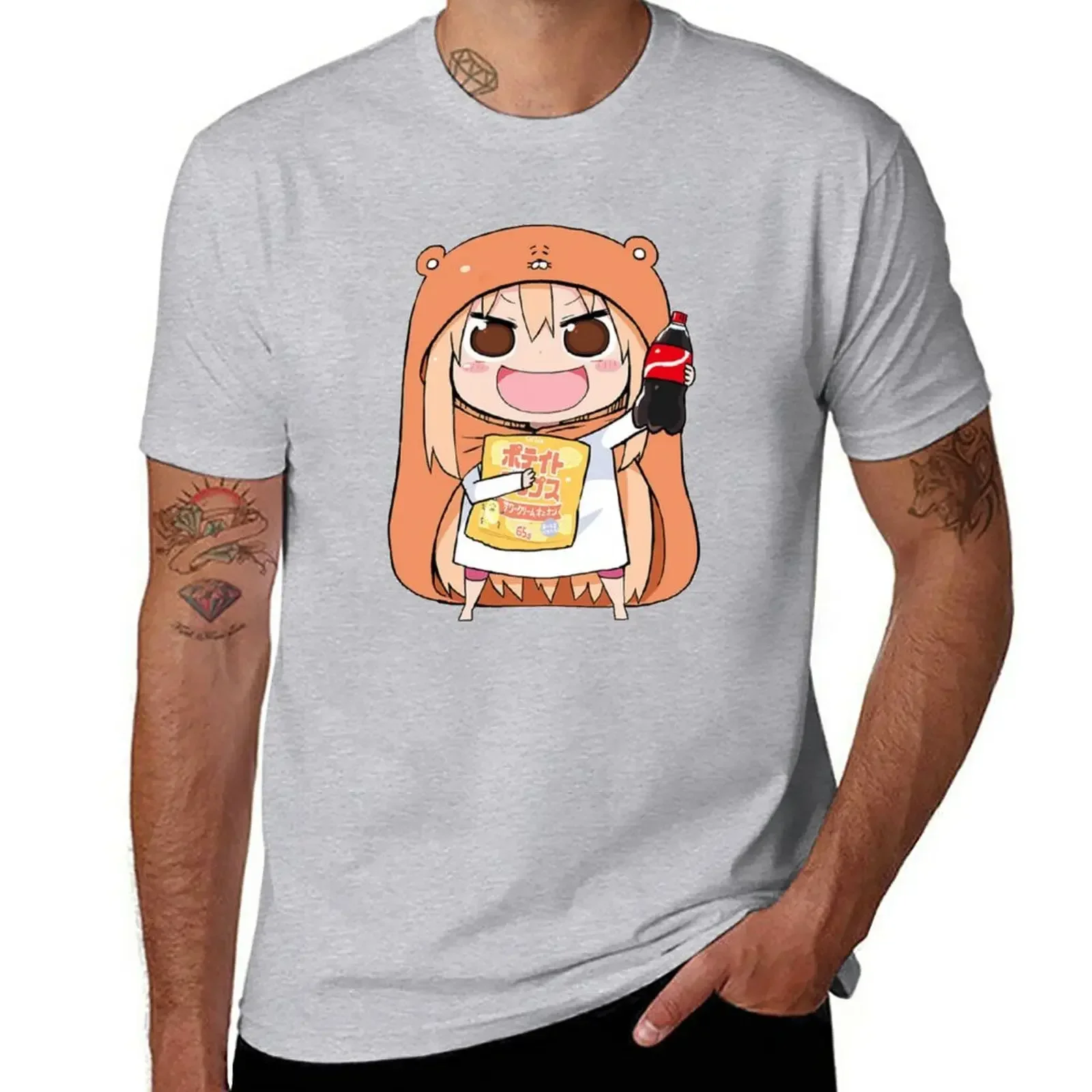 plain t-shirt cute clothes mens t shirts Umaru chan holding a cola bottle T-Shirt Black And White With A Bullet Vest Steve Mc