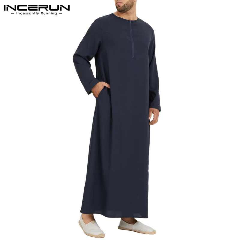 INCERUN Islamic Arabic Muslim Kaftan Men Long Sleeve Zipper Loose Abaya Robes Saudi Arabia Dubai Jubba Thobe Men Clothes 2023