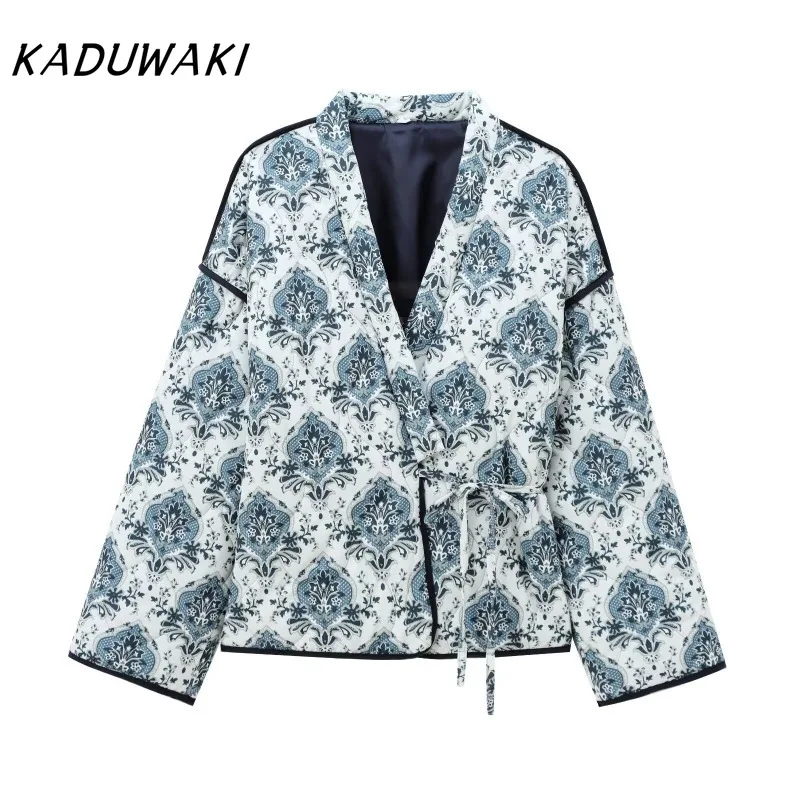 

KADUWAKI American Retro Autumn/winter Parkas Women's Fashion Loose Floral Wrap Knotted Lace Kimono Style Cotton Vintage Jackets