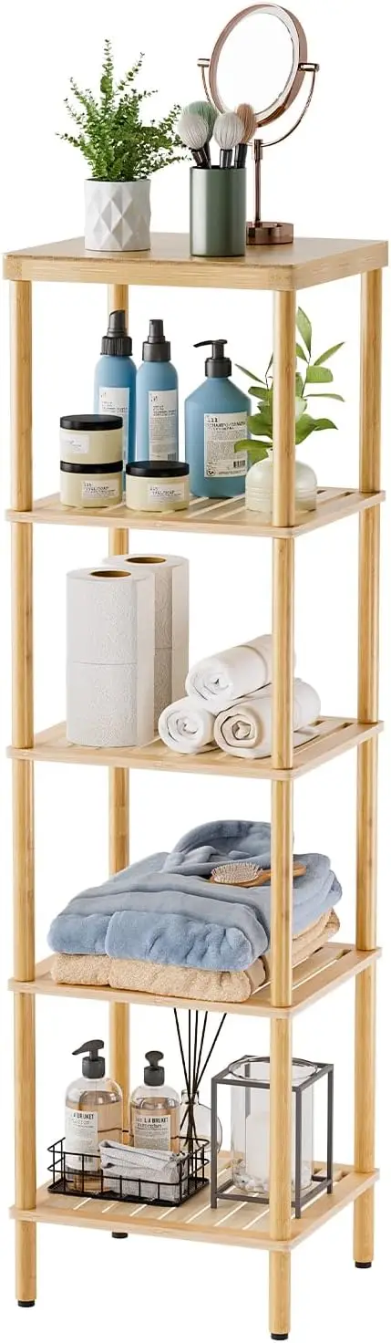 

5-Tier Bamboo Bathroom Shelf, Standing Shelves for Living Room Bedroom Kitchen, Natural Color Multifunctional Unit