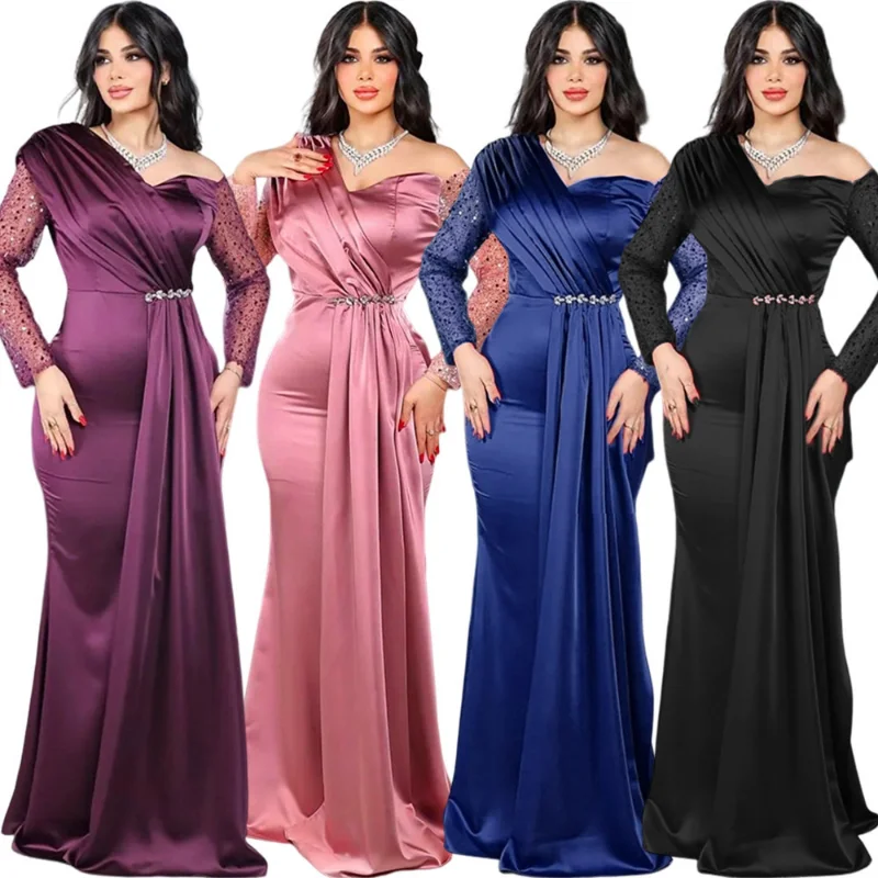 Robe de soirée en dentelle pour femmes, grande taille, couture élégante, plis, Slim, demoiselle d'honneur, traînante, Banquet, asymétrique épaule dénudée, robes longues pour dames