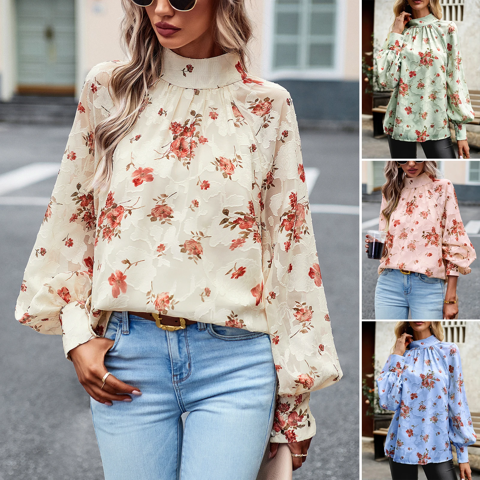 

Half High Collar Lantern Sleeve Tops Printing Versatile Blouse Ladies Long Sleeve Round Neck Loose Shirt Casual Bow Tie Pullover