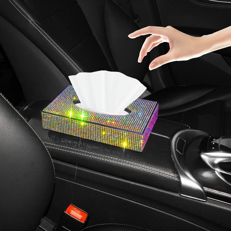 Bling Crystal Car Tissue Box Luxury Leather Auto Armrest Type Paper Box Holder Cover Case Tray Car Accessories for Home Office