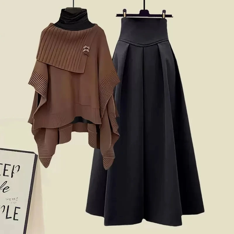 Women Autumn Winter Fashion Bowknot Cloak Sweater Skirts 1 or Two Piece Set England Style Chic Brown Knit Tops Skirt Outfits