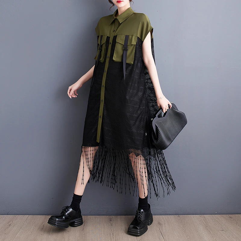 Hong Kong Sle dentelle irt Dr Color Blo Me épissure ort Sve jupe longue fermeture à bouton unique trajet taille ample De...