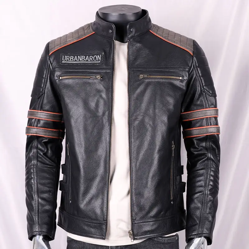 Genuine Leather Jacket For Men Short Standing Collar With Skull Embroidery Harley Motorcycle Jacket Man Cow Leather Coat Male