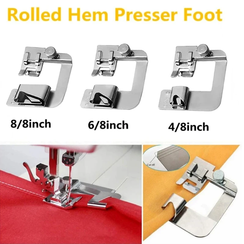

3 pcs Domestic Sewing Machine Presser Foot Rolled Hem Feet For Brother Singer Janome Babylock Juki Sewing Machine Accessories