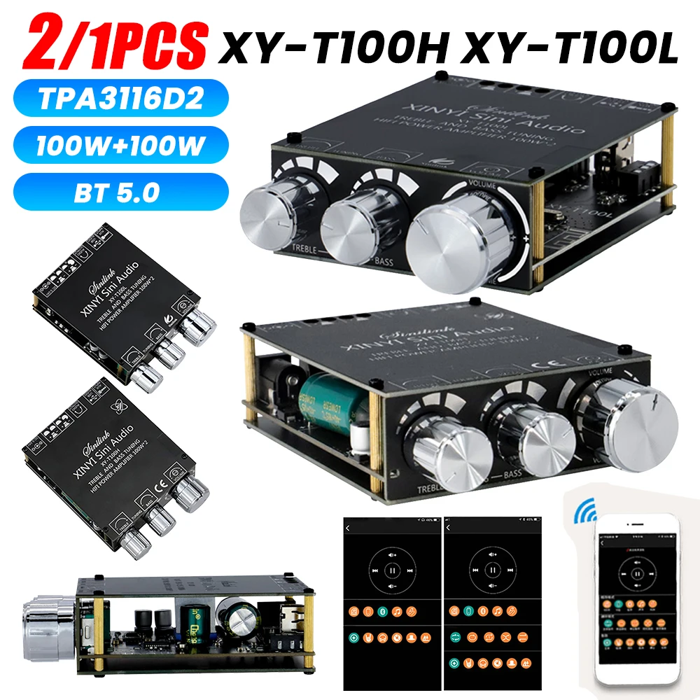 1/2pcs XY-T100H XY-T100L TPA3116D2 Bluetooth 5.0 Power Audio Amplifier Board 100w+100w Audio Stereo Treble And Bass Adjustment