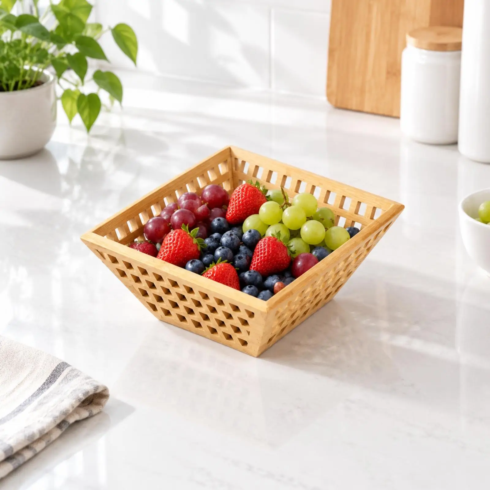 Light Tone Bamboo Basket with Open Lattice Sides for Fruit Vegetable Storage Industrial Wicker Basket Tray for Dining Table
