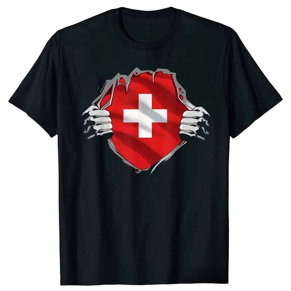 fashion manga Super Swiss Proud Switzerland Flag T Shirts Tee Tops Round Neck  Sleeve Fashion   Clothing Casual Basic T-shirts