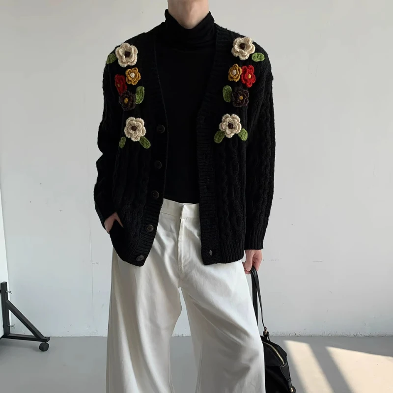 Men Women 2025 Autumn New Bright Colorful Floral Knitted Cardigan High-End V-Neck Sweaters Jackets Color Matching Knitted Tops