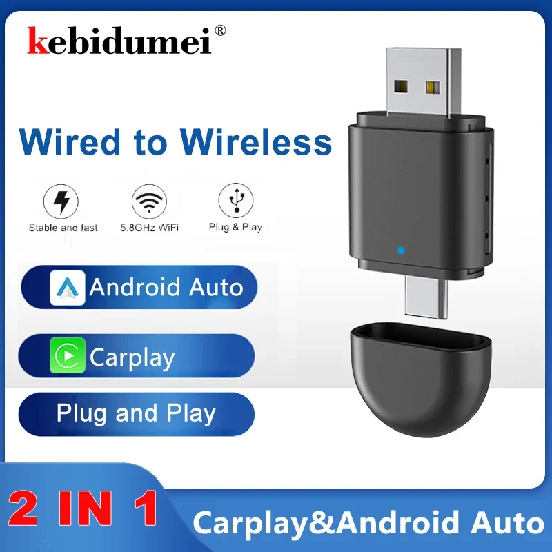 

2-in-1Carplay Dual Connector Adapter USB&Type-C for Apple Carplay Android Auto Wired to Wireless Carplay dongle Smart Box