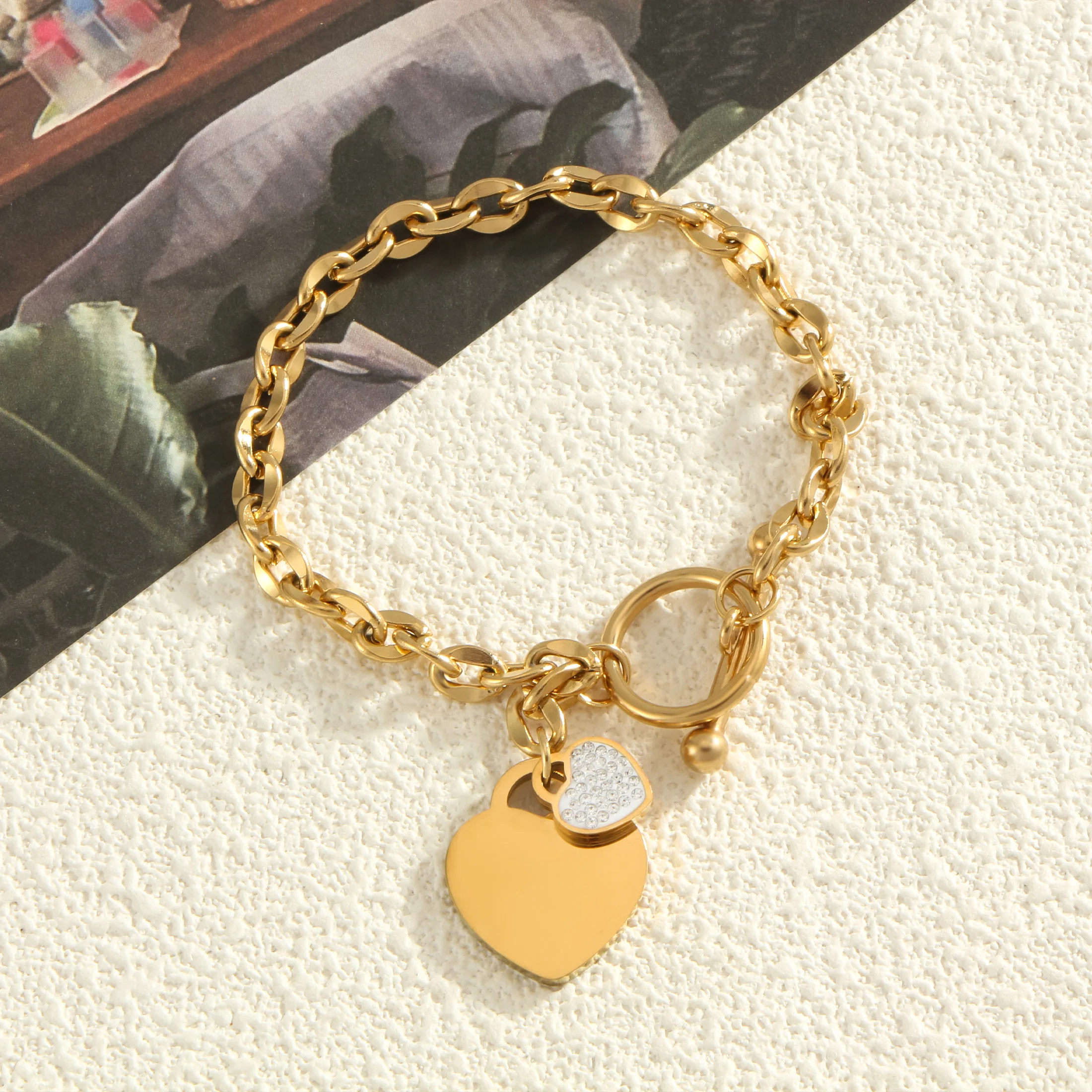 Zirkon eingelegte Doppel herz Anhänger für Frauen modische Edelstahl ot Schnalle Schmuck Geschenk Bankett Party tragen Armband