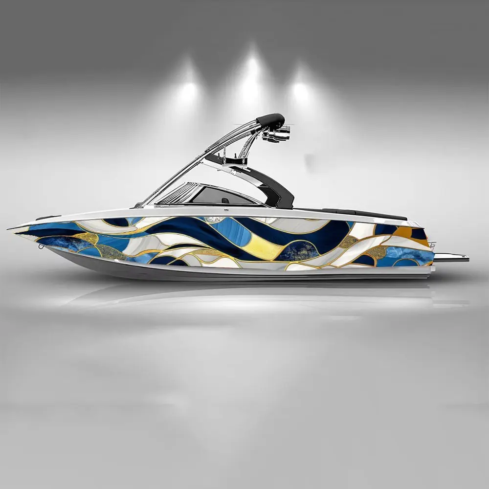 Blue Gold Wave Lines Beautiful Waterproof Boat Sticker Vinyl Ship Pontoon Deck Boat Fishing Decorative Pontoon Boats Decal