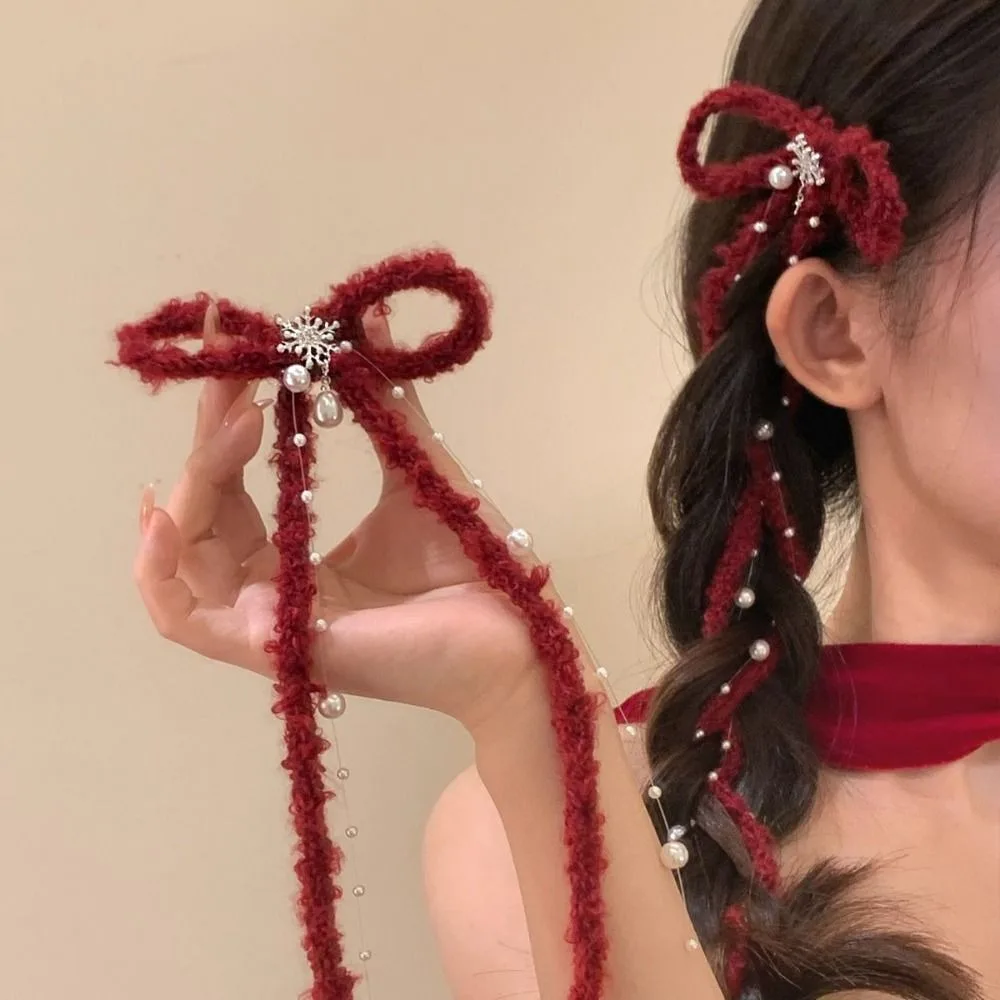 

Tassel Red Bow Hairpin Rhinestone Pearl Long Ribbon Bow Hair Clip Korean Style Headwear Snowflakes Bowknot Barrettes Student