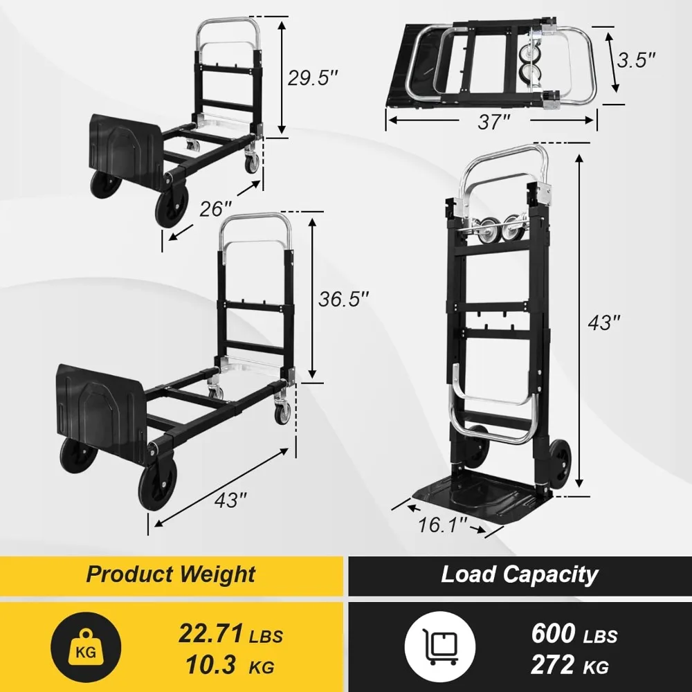 شاحنة يدوية من الألومنيوم 3 في 1 دوللي، عربة قابلة للطي شديدة التحمل بوزن 600 رطل مع عجلات عالمية، شاحنة يدوية قابلة للتحويل مع ربطة عنق #2