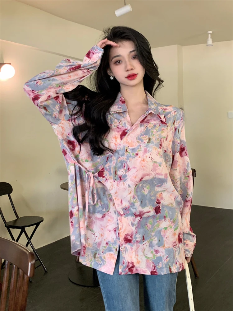 Niche Design Vintage Print Shirt Women Long Sleeve Classy Loose Slim-Fit Sweet Feminine Chic Top