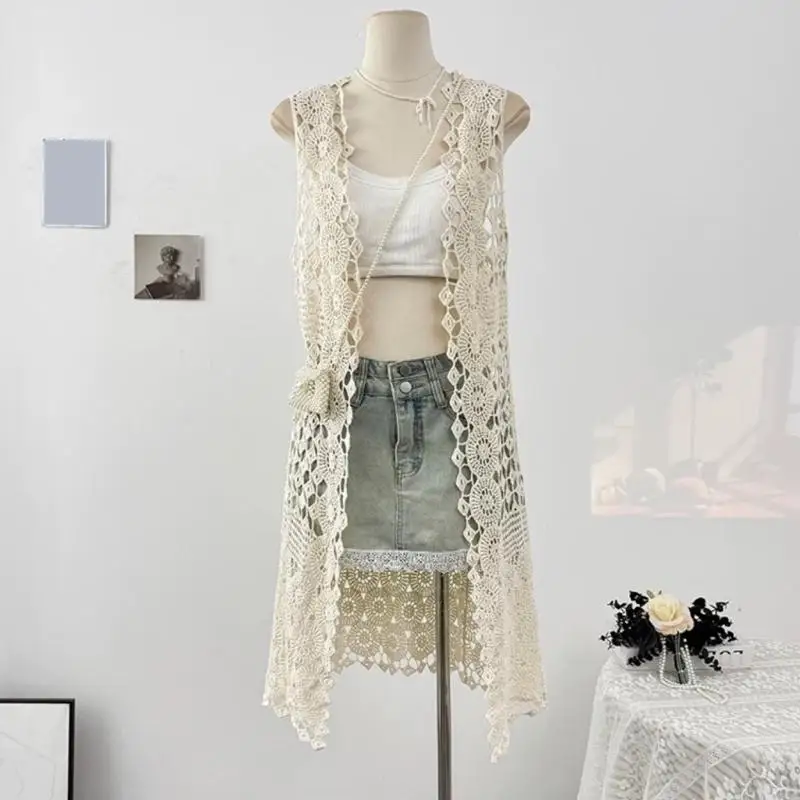 Stilvoller weiße Häkelspitzenstrickbluse Sommer Mesh Strick Bluse freundliche Stoff Ärmel Strandkleidung für Damen 6xda