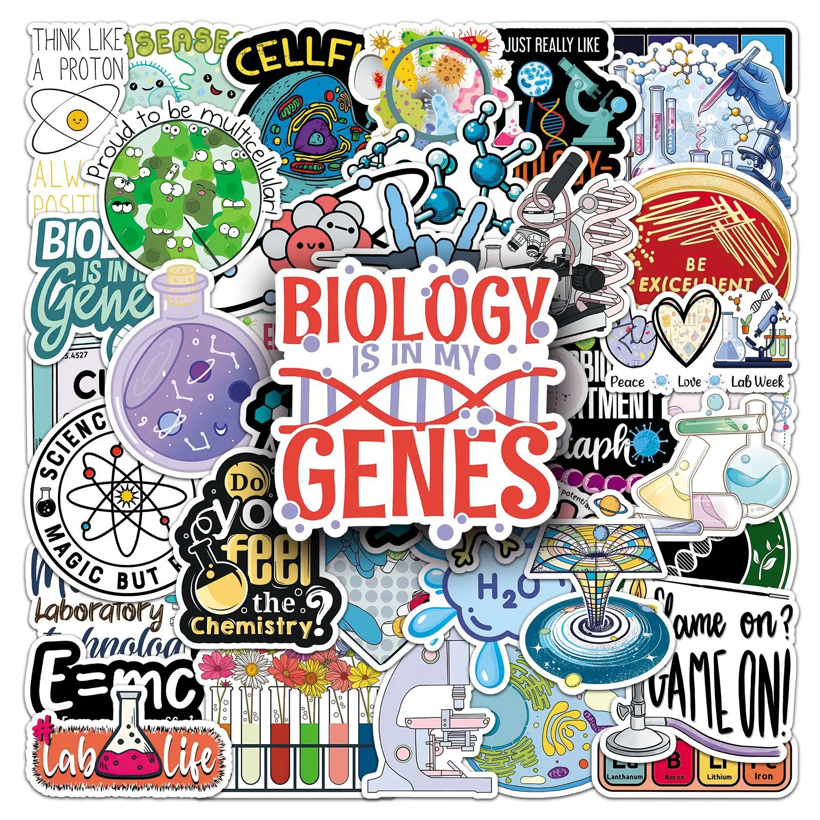 50 Pcs Science Stickers Creative Trendy Biological Molecules Personality Waterproof For Laptop Scrapbooking Water Bottle