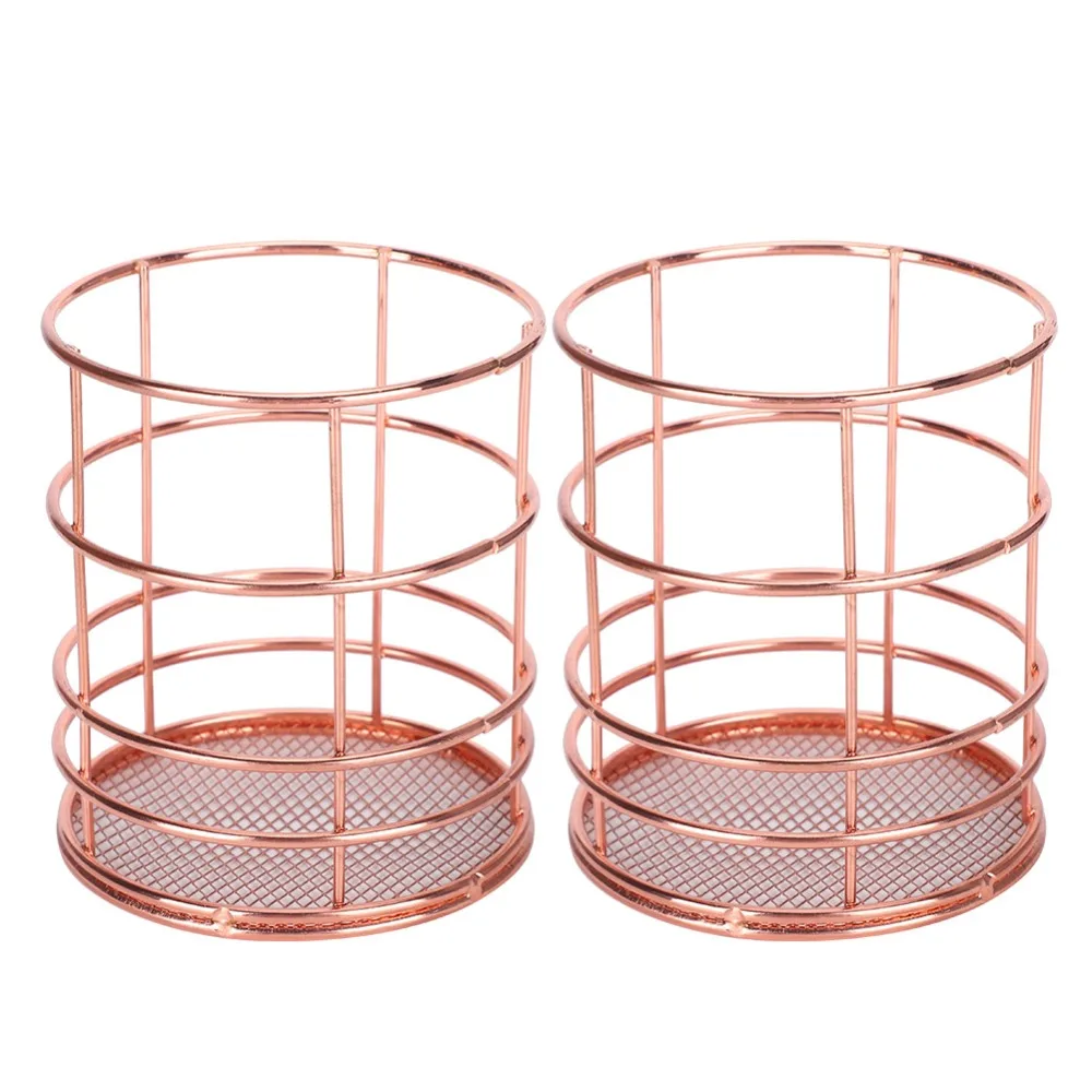 2Pcs Hollow Design Pen Holder Rose Gold Round Desktop Storage Basket Stainless Steel Multifunctional Desktop Storage Box