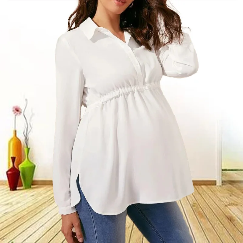 Roupas de maternidade cor pura solta respirável conforto camisa elegante simples elegante topo para mulheres grávidas blusa