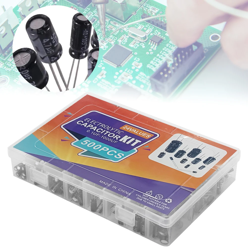 

500Pcs 24 Values 16-50V 0.1-1000uF Metal Electrolytic Capacitors Low Voltage Capacitor Kit for TV LCD Monitor Radio Stereo Game