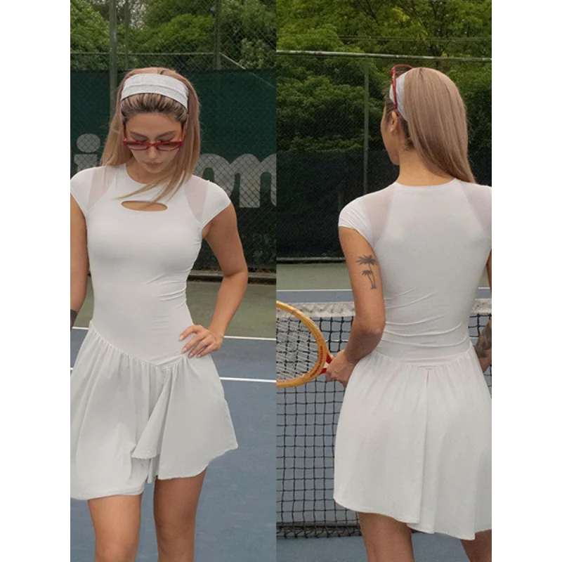 FUBEIKE Summer Dresses 2025 Tennis Dress Women's Golf Wear Sexy Backless Round Neck Waist Trimming Slim Fit Skirt Short Dresses