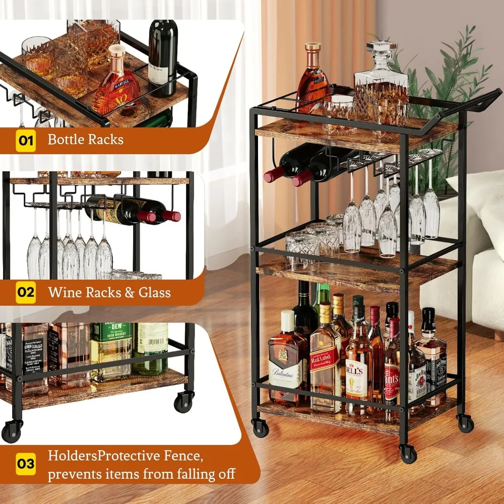 3 Tier Bar Trolley, Mini Wine Practical Trolley for Wine Beverage Dinner, Rolling Wine Coffee Beverage Service Car