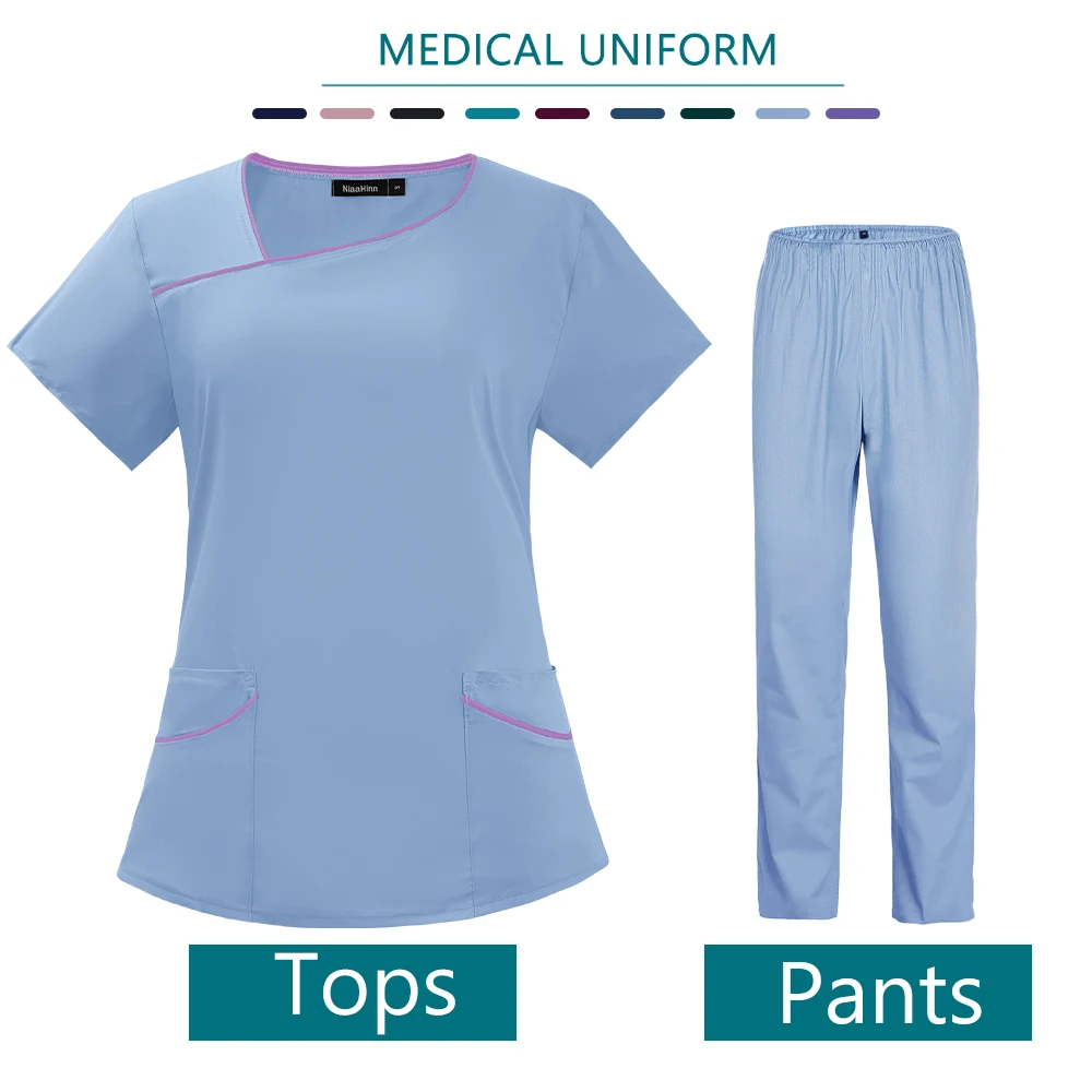 Uniforme chirurgica da donna Tinta unita Top a maniche corte Pantaloni per infermieri Abbigliamento da lavoro Moda Scrub Uniforme Tuta Accessori per infermiere