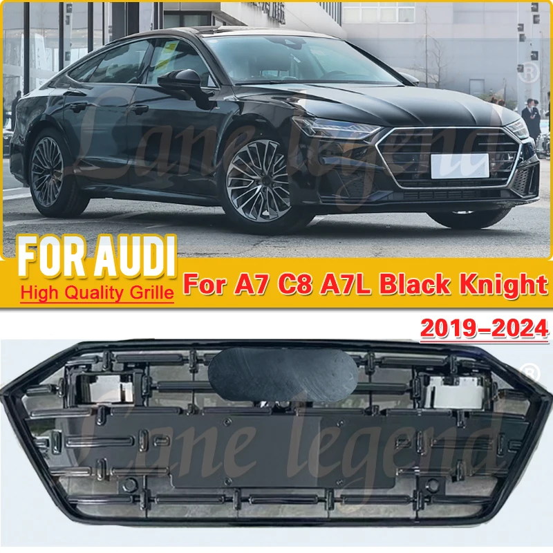 Black Knight A7L Face Grille For Audi A7 2019-2024 A7 C8 change A7L Grille With ACC Bright Black New ABS Material