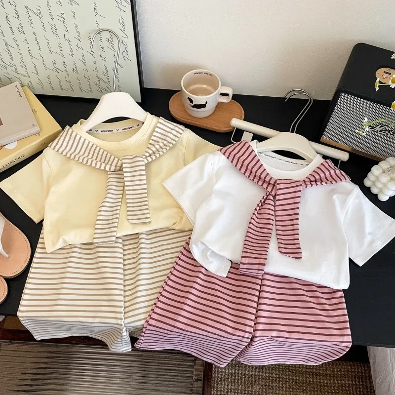 Striped Shawl Children's Two-Piece Set Simple Short-Sleeve Nine-Point Pants Two-Piece Set Pure Cotton Parent-Child Outfit Cool