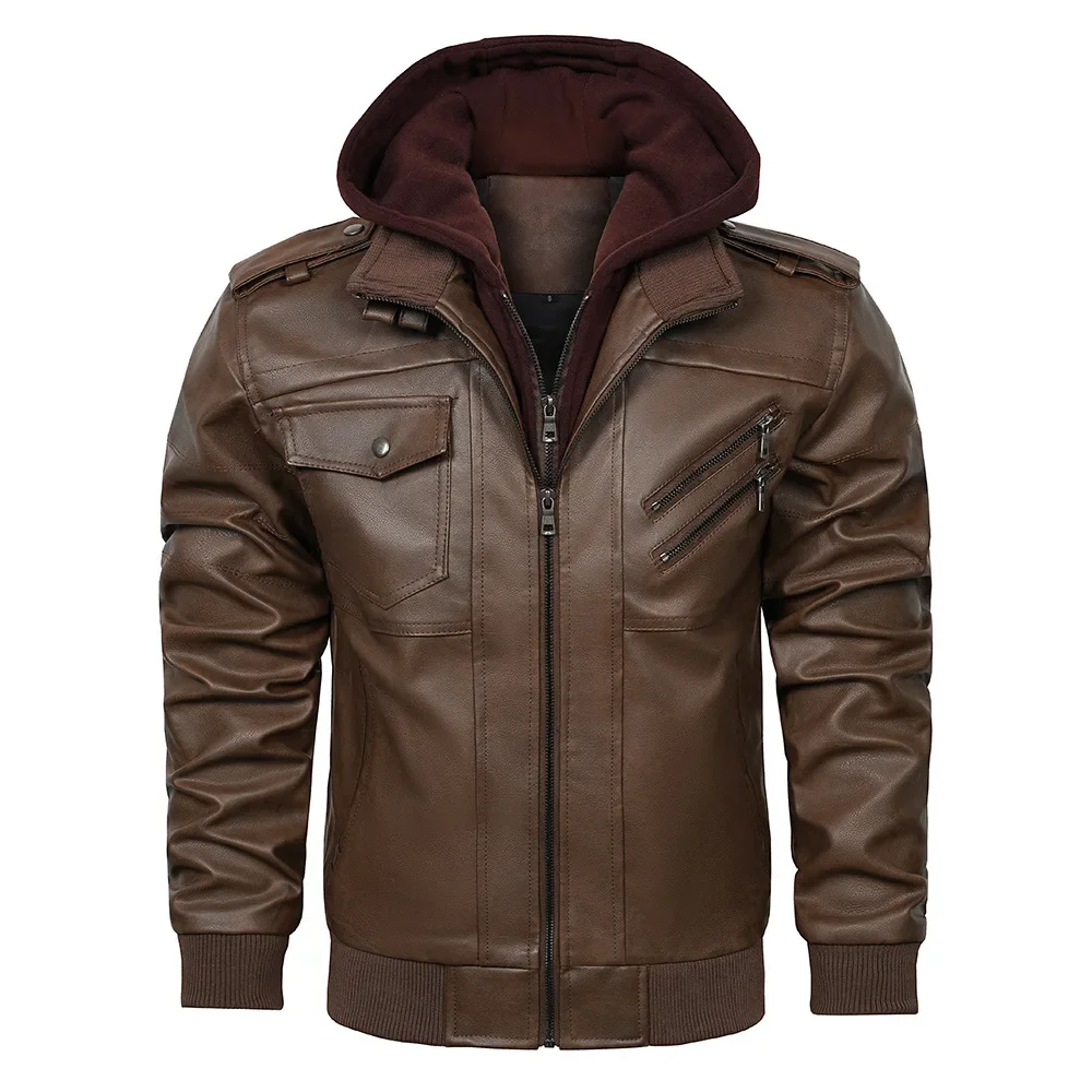

Winter Man Plush Jacket Streetwear Retro Long Sleeve Male Leather Coat Thicken Fleece Windproof Men Detachable Hooded Outerwear